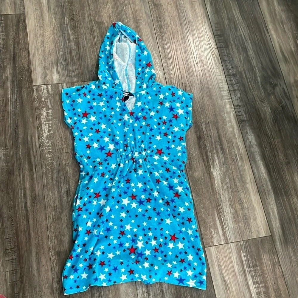 Lands' End Terry Cloth Hooded Star Print Swimsuit Coverup Beach Pool size 10-12